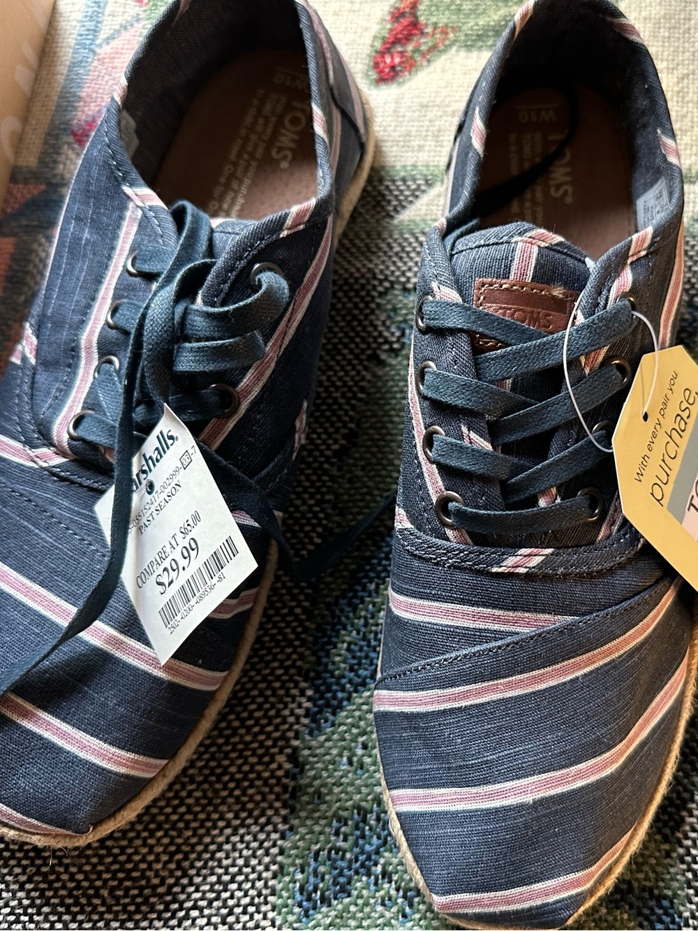 NWT TOMS Navy and Pink Striped Rope Sneakers